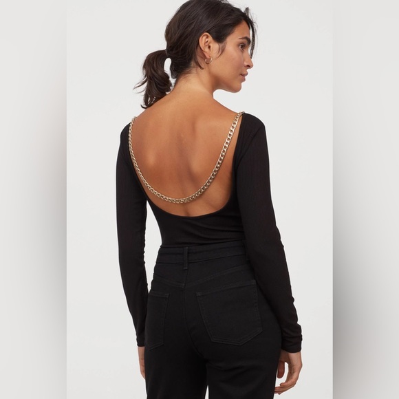 NEVER WORN H&M Backless Gold Chain Detail Bodysuit - Black, Small - Picture 1 of 8